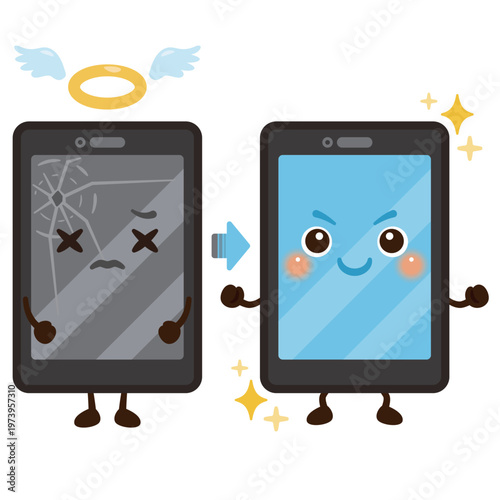 画面が割れたスマートフォンと綺麗なスマートフォンキャラクターイラストセット／Broken Screen Smartphone and Clean Smartphone Character Illustration Set