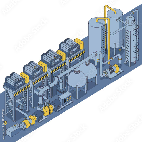 Industrial water treatment plant with filtration and storage tanks.