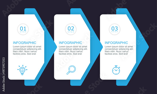 Timeline infographic template with direction shape data visualization concept for presentations banner, workflow layout, process diagram, flow chart, info graph | 3 steps layout | Blue version