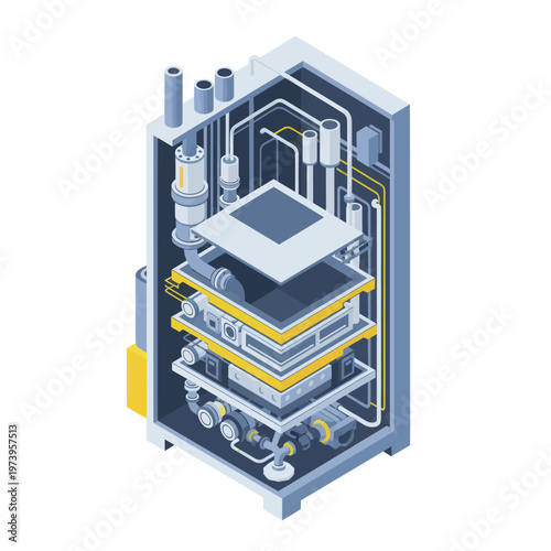 Isometric Cutaway View of a Complex Industrial Machine with Internal Components.