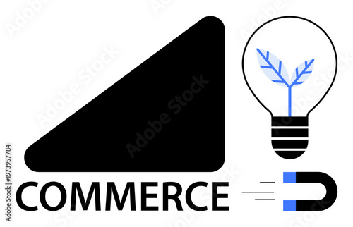 Economic growth, innovation, technology, branding, marketing, business strategy. Black triangle, lightbulb with leaf magnet. Economic growth and innovation with minimalistic icons