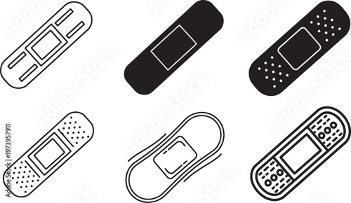 Bandage Icon Set, Medical First Aid Vector Collection, Minimal Outline and Solid Adhesive Bandage Icons for Healthcare, Emergency and Pharmacy Design
