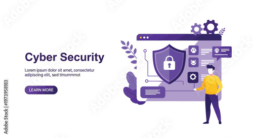 A modern vector graphic illustration depicting robust cyber security measures and online data protection, showcasing a digital shield with a padlock icon on a browser interface, symbolizing privacy, n