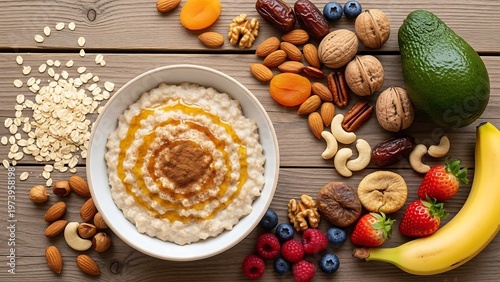 Healthy Breakfast - Oatmeal with Nuts, Fruits, and Avocado on Wood.