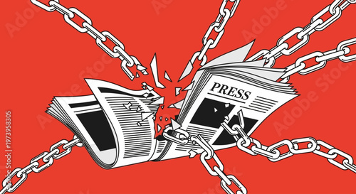 World Press Freedom Day A powerful illustration of a newspaper breaking free from chains, symbolizing the ongoing fight against censorship and the vital importance of unhindered information