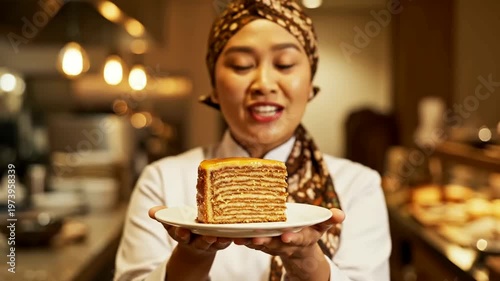 Woman presents delicious layer cake in kitchen or Baker displays slice of layered cake