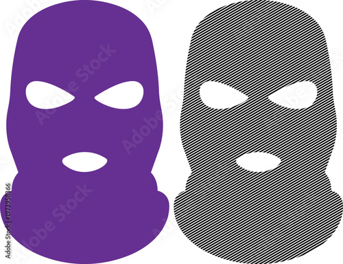 Balaclava ski mask icon in purple and striped black vector illustration.