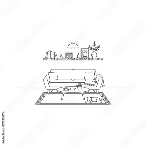 Minimalist living room illustration featuring a sofa shelf and resting cat
