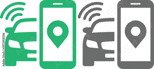 Car sharing app concept with smartphone location pin and automobile signal vector illustration.