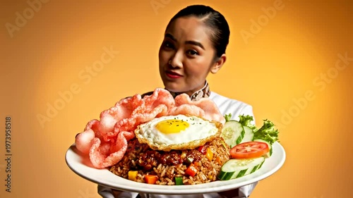 Asian chef presents delicious nasi goreng with egg or Chef displays a plate of appetizing indonesian fried rice dish