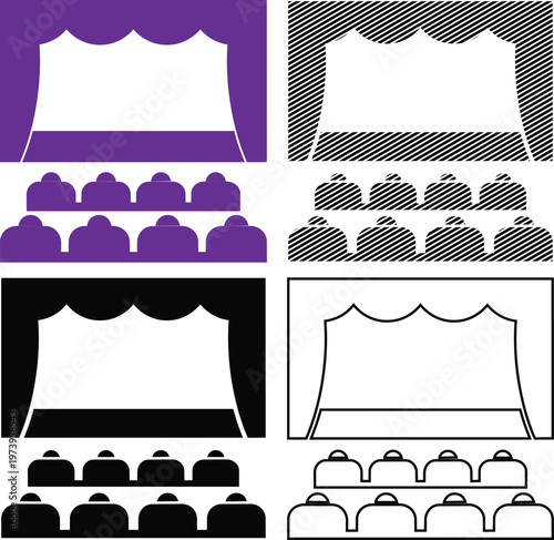 Cinema auditorium icon vector illustration with stage and seating for theatre performance or public speaking event.