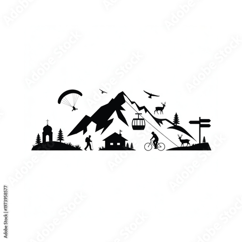 Silhouette of outdoor activities against a mountain landscape