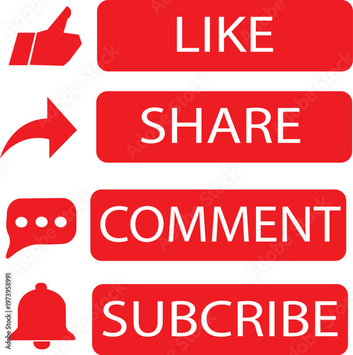 Vibrant red button set with interactive icons for online engagement and digital content, featuring like, share, comment, and subscribe actions for modern platforms