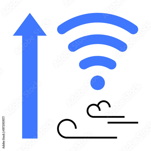 Internet connectivity, wireless communication, technology, fast network, data transfer, digital services. Blue wireless signal icon, upward arrow flowing wind lines. Internet connectivity