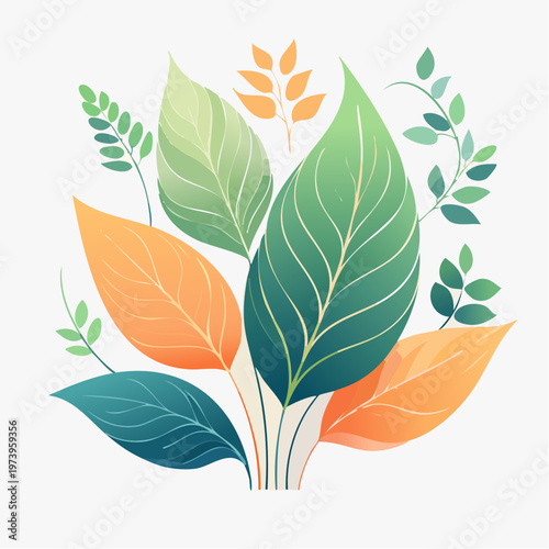 Vibrant Green and Orange Leaves with Delicate Stems and Branches