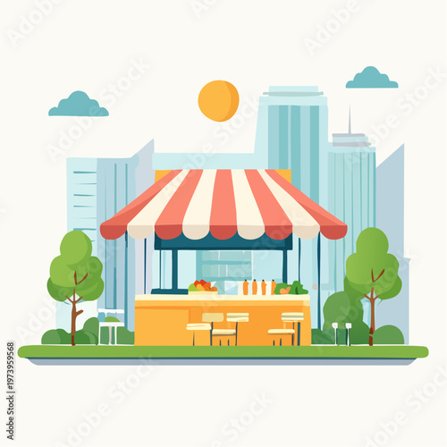 City street food stall with urban backdrop and greenery