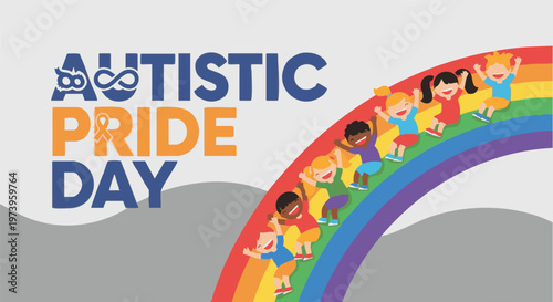 Autistic Pride Day rainbow illustration with children in colorful clothing for autism awareness campaign