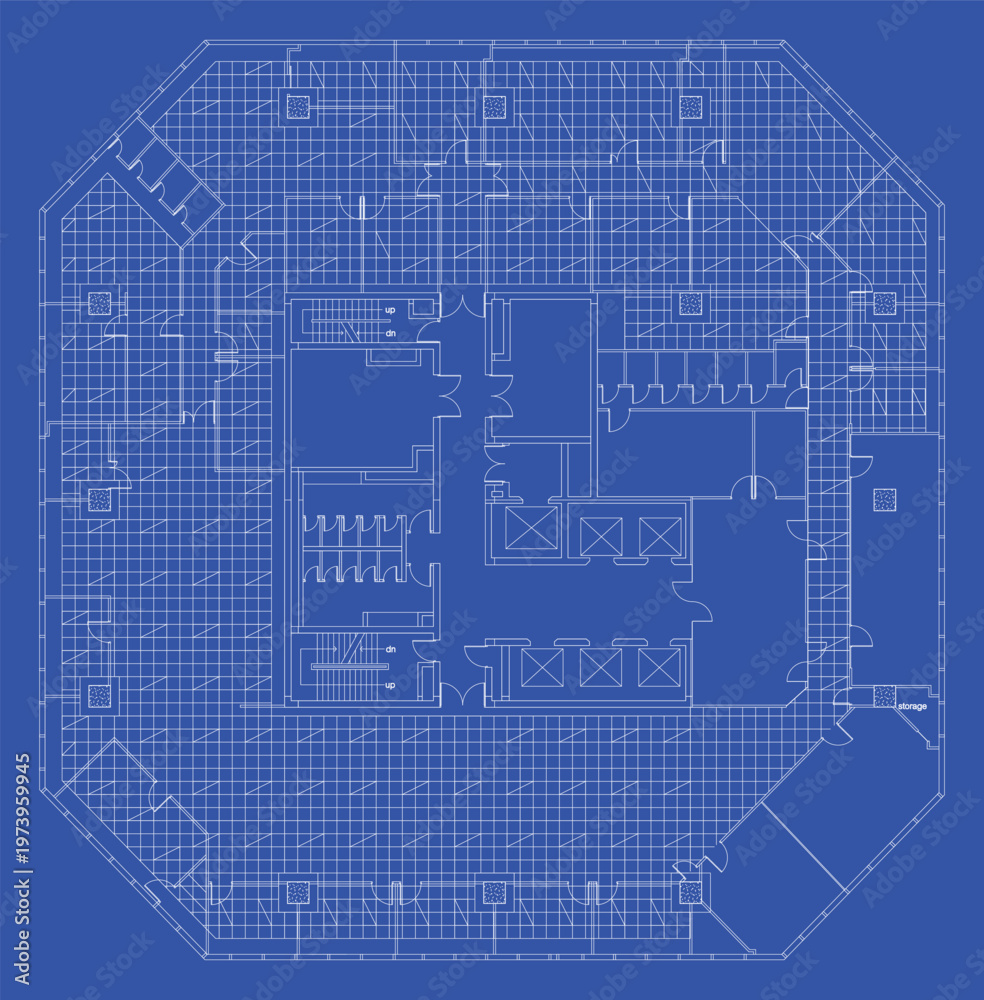 Naklejka premium Large Office Electrical Plan Blue Print with T-Bar Ceiling Layout and Lighting Placement Design