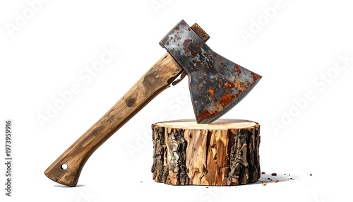 A rusty axe on a wooden log