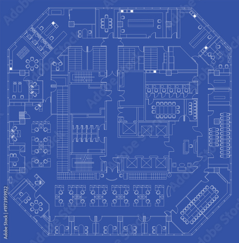 Large Office Furniture Layout Blue Print for Workspace and Common Area Planning