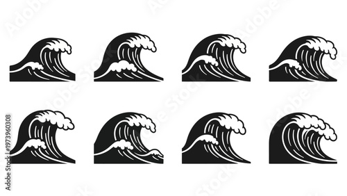 Stylized Ocean Waves - Set of 8 Black and White Illustrations