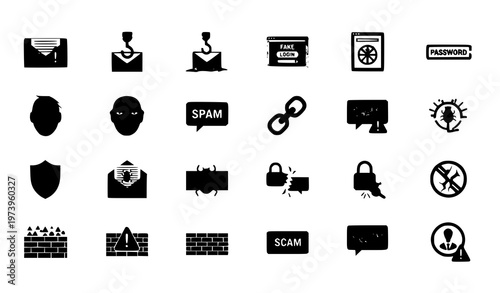 A set of black and white vector icons representing cybersecurity and online safety