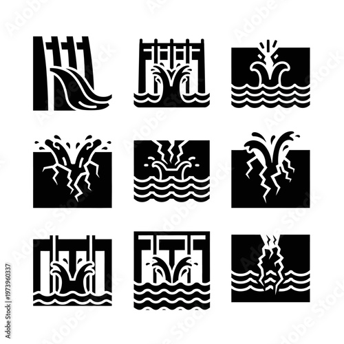 Water Dam Icons Set: Flow, Spillway, Energy, Renewable Resources