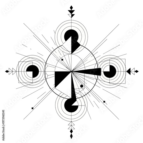 Abstract Geometric Compass Symbol with Rays and Circles, Black and White