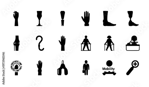 A set of black and white vector icons depicting various body parts and mobility aids