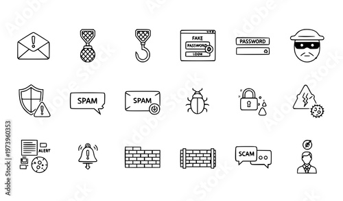 A set of cybersecurity icons in a flat line art style