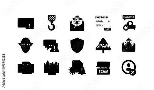 A set of black vector icons representing various cybersecurity threats and warnings