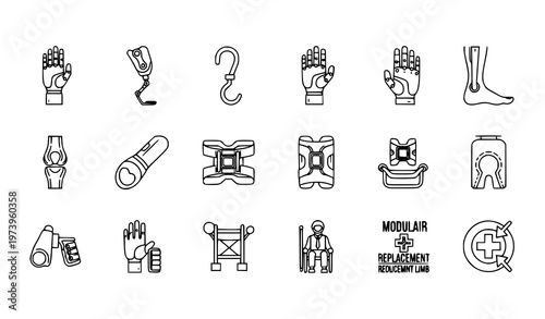 A set of black and white vector icons depicting prosthetic limbs and medical equipment