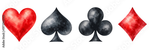 A charming watercolor collection of playing card suits featuring heart, spade, club, and diamond symbols in bold classic shapes illustrated in a minimal graphic style.