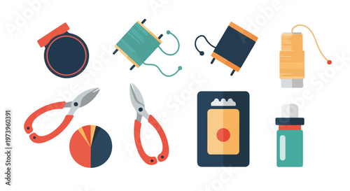 This vector illustration features a set of stylized fishing gear icons, including various spools of line, cutting tools, and equipment accessories.
