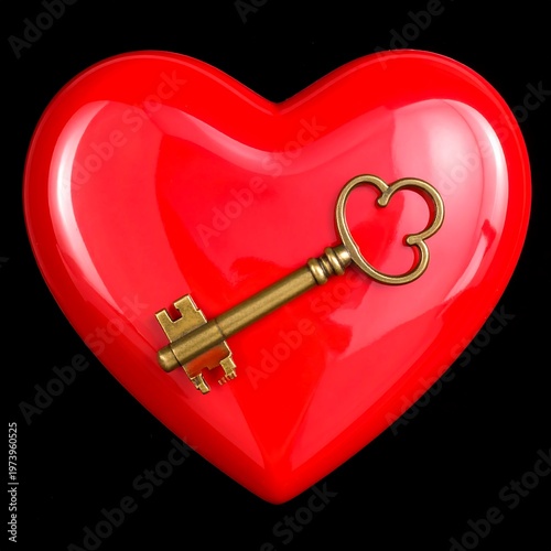 A shiny red heart with a golden key on a black background
