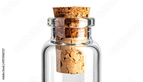 A small glass jar with a cork stopper on a white background