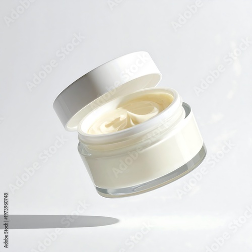 A small glass jar of cream with its lid ajar