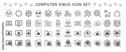 コンピューターウイルスアイコンセット（線画）マルウェア・感染・エラー・警告・セキュリティリスク