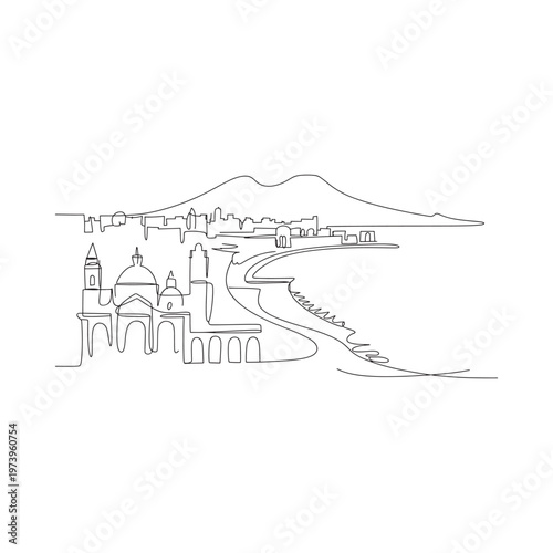 Continuous line drawing of a coastal town with mountains and architecture