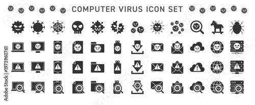 コンピューターウイルスアイコンセット（塗り）マルウェア・感染・エラー・警告・セキュリティ