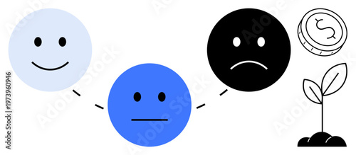 Emotions, decision-making, financial growth, economy, life stages, personal development. Three faces show happiness, neutrality sadness plant and coin financial growth. Emotions and decision-making