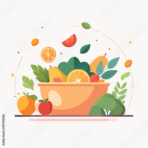 A vibrant and healthy concept showcasing a delicious mix of fresh fruits and vegetables in a bowl, perfect for a balanced diet