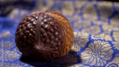 Brown acorn on blue fabric.