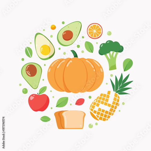 Vibrant Circle of Fresh Fruits and Vegetables with Bread and Egg