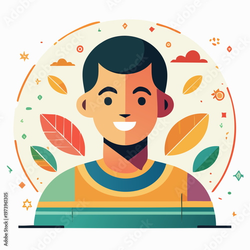 Illustration of a smiling young man in casual clothing surrounded by autumn leaves and decorative elements