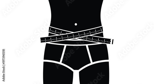 A minimalist vector illustration graphic displaying a human waist wrapped with a measuring tape, symbolizing health, fitness, and weight loss concepts in a modern design.