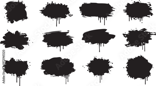 Black paint splatters on white background texture set