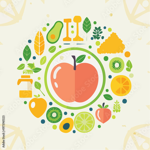 Healthy Lifestyle Elements Arranged in a Circle with Fruits and Fitness Gear