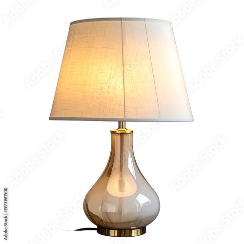 A table lamp with a beige lampshade and base