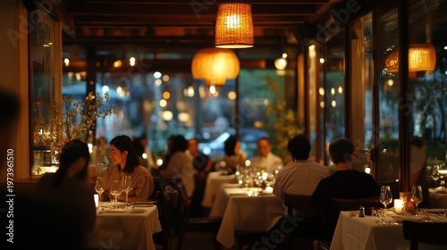 Restaurant interior, diners, evening ambiance, casual dining, suitable for stock photography